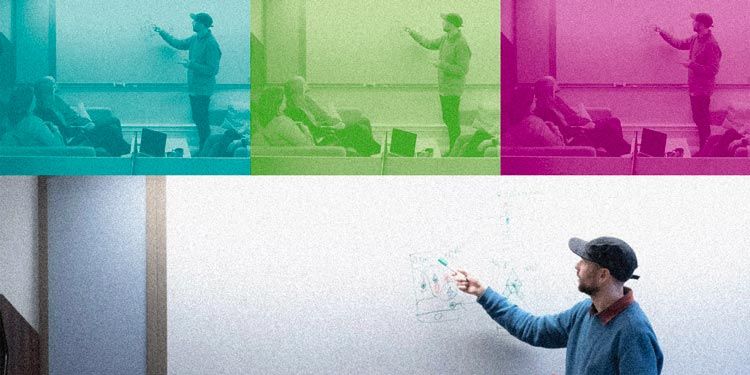 UX-designer pekar på en whiteboard - flera bilder i olika färgtoner